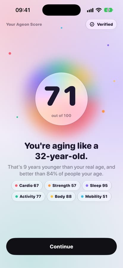 Ageon's score reveal: an Ageon Score of 71 and an Ageon Age of 32