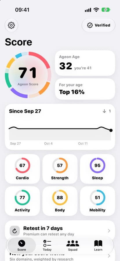 The Score tab with the six-domain ring, Ageon Age and score history